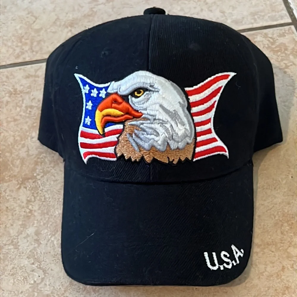 USA American Flag + Eagle Embroidered Hat - Black & Adjustable‎ w/ Velcro